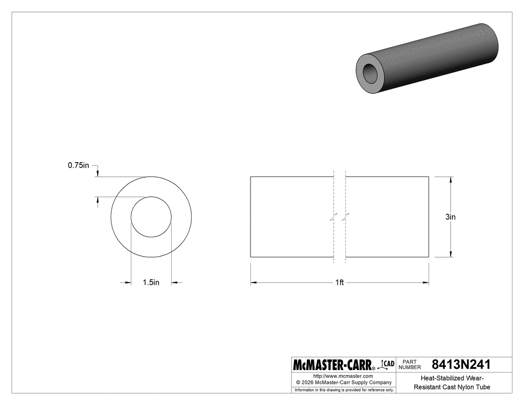 Technical Drawing of Heat-Stabilized Wear-Resistant Cast Nylon Tube, Easy-to-Machine, 3/4" Wall Thickness, 3" OD, 1 Foot Long.